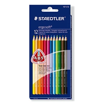 Obrázek STAEDTLER Pastelky ergo soft, zvýšená odolnost proti zlomení, trojhranná, sada 12 zářivých barev, systém ABS, protiskluzový měkký povrch, vhodný pro děti podle DIN EN71, FSC dřevo, Made in Germany,