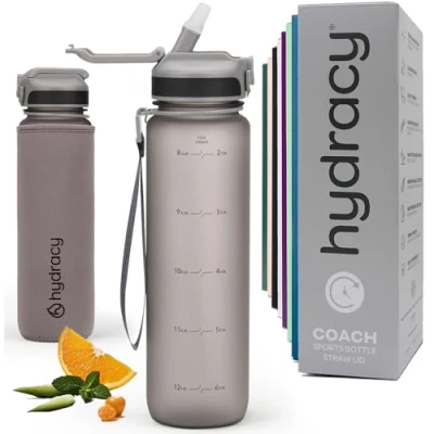 Obrázek Hydracy Trinkflasche mit Strohhalm und Zeitmarkierung 1L Wasserflasche BPA freie Auslaufsichere Sportflasche Kondensationsfrei für Sport Outdoor