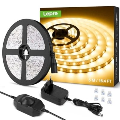 Obrázek Lepro LED pásek 5 m, teplá bílá 3000 K, stmívatelný, proužek, bílá, 300 LED, 12 V samolepicí, IP20 pásek, flexibilní DIY lišta, světelný řetěz s napájecím zdrojem pro vnitřní kuchyň dekorace