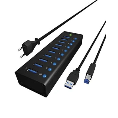Obrázek ICY BOX IB AC6110 10násobný USB 3. 0 hub s napájecím zdrojem (12 V/4 A), nabíjecí port, plný hliník, upevnění na suchý zip, černý
