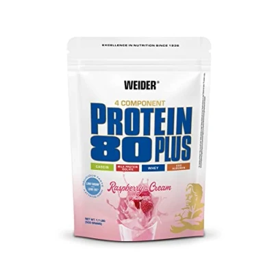 Obrázek WEIDER Protein 80 Plus vícesložkový prášek, proteinový prášek pro krémové, nehorázně chutné proteinové koktejly, kombinace Whey, kaseinu, izolátu mléčného proteinu a bílkovin, malinová smetana, 500 g