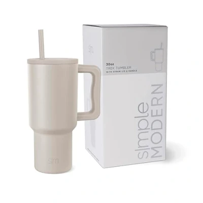 Obrázek Simple Modern Termohrnek s brčkem a rukojetí Izolovaný pohárek z ušlechtilé oceli na pití ledová káva cestovní hrnek dárky pro ženy muže Trek 890 ml Almond Birch