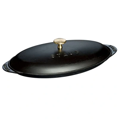 Obrázek STAUB Forma na troubu/servírovací deska/zapékací mísa s víkem, oválná, 31 cm, 0,7 l, z litiny, pro všechny druhy sporáků, černá