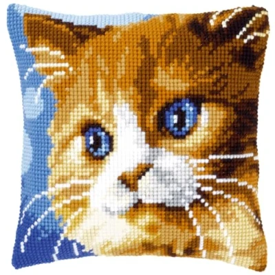 Obrázek Vervaco Červený polštář pro vyšívání křížkovým stehem a kočkou předtištěný, bavlna, vícebarevný, 40 x 0,3 cm