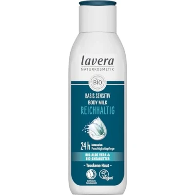 Obrázek lavera basis sensitiv Body Milk bohaté přírodní kosmetika veganská bio aloe vera &amp; bambucké máslo 24 h intenzivní hydratační péče certifikováno PETA biologicky odbouratelné tělové