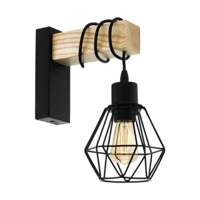 Obrázek EGLO Nástěnná lampa Townshend 5, vintage nástěnné svítidlo v industriálním designu, retro z oceli a dřeva, barva černá, hnědá, objímka E27, certifikace FSC