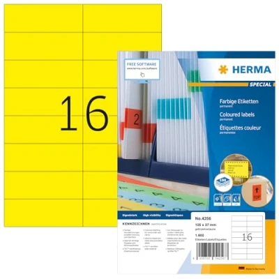 Obrázek HERMA 4256 barevných etiket žluté, 100 listů, 105 x 37 mm, 16 na arch A4, 1600 kusů, samolepicí, potisknutelné, matné, prázdné papírové barevné štítky nálepky