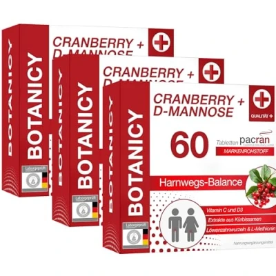 Obrázek BOTANICY Cranberry + D mannose podporuje močový měchýř a trakt PACRAN® brusinkový prášek, vitamín C D3, dýňová semena extrakt z kořene pampelišky 180 tablet brusinek