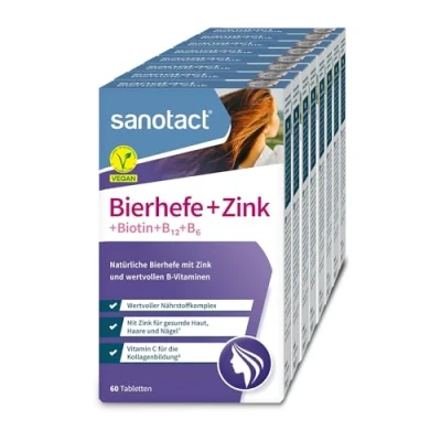 Obrázek sanotact Pivovarské kvasnice + zinek (8 x 60 tablet) na kůži, vlasy a nehty vitamínový komplex s pivovarskými kvasnicemi, zinkem, biotinem, vitaminem B12, B6 vitamíny C pro pokožku
