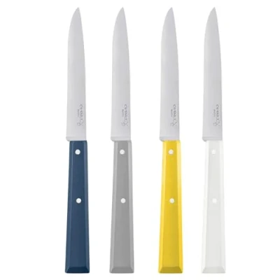 Obrázek Opinel Bon Appetit Celeste jídelní nůž nerezový 4dílná ocel 12C27 rukojeti z bukového dřeva v bílé barvě modrá žlutá šedá