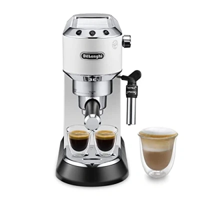 Obrázek De&#039;Longhi Dedica Style EC 685.W pákový espresovač, kávovar na espresso s profesionálním napěňovačem mléka, šířka pouze 15 cm, pro mletou kávu nebo ESE kapsle, nádržka vodu 1 l, bílý