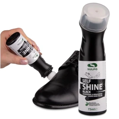 Obrázek SULPO Express krém na boty černý lesk péče o kůži, leštidlo do školy s houbičkou čisticí prostředek Self Shine Liquid Shoe Cream 75 ml polokrycí