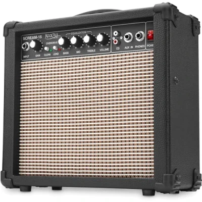 Obrázek Rocktile Scream 15 kytarový zesilovač Mini Combo Amp (15W zesilovač, 2kanály, přenosný, AUX In pro MP3/CD, 3pásmový ekvalizér, přípojka sluchátek)
