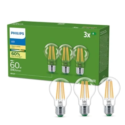 Obrázek Philips Classic ultra efektivní E27 LED žárovka, 60 W, teplá bílá, čirá, balení 3 ks