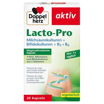 Obrázek Doppelherz Lacto Pro kultury kyseliny mléčné + bifidokultury B2 B6 Vitamin přispívá k normální funkci imunitního systému 20 vegetariánských a žaludečních tobolek odolných