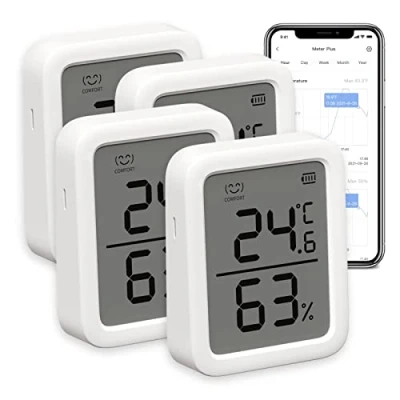 Obrázek SwitchBot ︎ Teploměr, vlhkoměr, vnitřní balení 4 ks, Bluetooth digitální snímač teploty a vlhkosti s aplikací ukládáním dat, rosný bod / VPD/absolutní