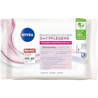 Obrázek NIVEA Čisticí ubrousky 3 v 1, odličovací s glycerinem a mandlovým olejem pro voděodolný make up, jemné čištění obličeje suchou citlivou pokožku (25 kusů)