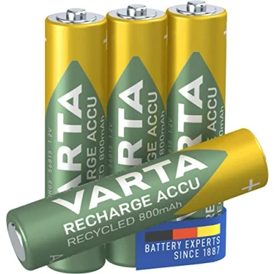 Obrázek VARTA Baterie AAA, nabíjecí, 4 kusy, akumulátor Recharge Recycled, akumulátor, 800 mAh Ni MH, z 21 % recyklovaného materiálu, přednabitý, okamžitě připravený k použití