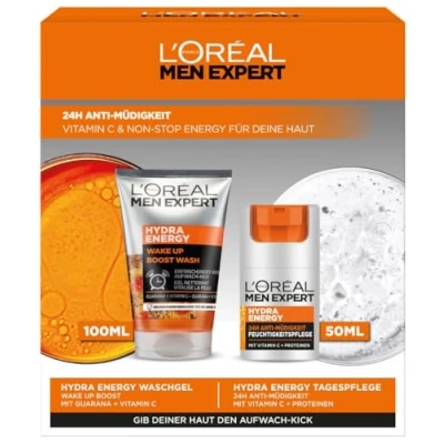 Obrázek L&#039;Oréal Men Expert sada pro péči o unavenou pokožku muže, dárková s čisticím gelem a krémem na obličej 24H proti únavě, dárek muže vitaminem C, Hydra Energy, 1 x 100 ml, 50 ml