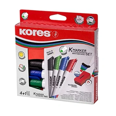 Obrázek Kores K Marker XW2: Barevné zvýrazňovače na bílé tabule s klínovým hrotem, lze nasucho setřít a inkoustem téměř bez zápachu, školní kancelářské potřeby, sada ze 4 tříděných barev + 1 magnetická