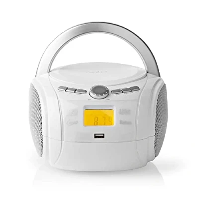 Obrázek NEDIS Boombox 9 W Bluetooth CD přehrávač / FM rádio/USB/AUX rukojeť extra lehké zabudované stereo reproduktory rádio zobrazení přehrávání USB bílý