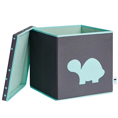 Obrázek LOVE IT STORE Úložný box s víkem Kallax boxy z látky zesílené dřevem čtvercové, stabilní šedé tyrkysovou želvou 33 x cm