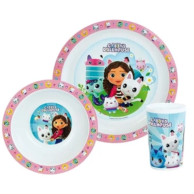 Obrázek FUN HOUSE GABBY ET LA MAISON MAGIQUE Mahlzeiten Set bestehend aus 1 Glas 220 ml, Teller Ø 22 cm und Schüssel 16 cm, Mikrowelle für Kinder, Rosa