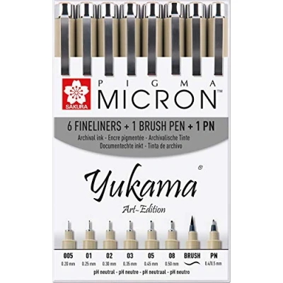 Obrázek Yukama Sakura Pigma Art Edition 8dílná sada, 6 mikronových fixů Micron + 1 tužka se štětcem pero PN, černá