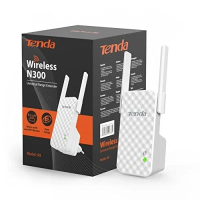 Obrázek Tenda Wi Fi opakovač, zesilovač, WiFi opakovač (N300, 2,4 GHz: 300 MBit/s), 2 x 3 dBi externí antény, LED displej, WPA/WPA2, kompatibilní se všemi WLAN routery, bílá (A9)