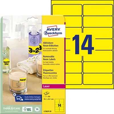 Obrázek AVERY Zweckform L7263Y 25 svítící neonově žluté etikety (99,1 x 38,1 mm na DIN A4, odstranitelné, samolepicí, potištěné, barevné lepicí pro nápadné označení) 350 nálepek listů