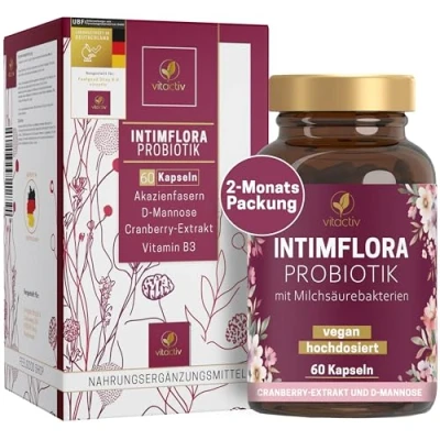 Obrázek Vitactiv INTIMFLORA probiotik bakterie mléčného kvašení 60 kapslí pro ženy 6 kmenů, 130 miliard KbE/g, akáciová vlákna prebiotika D mannose, brusinka, vitamin B3