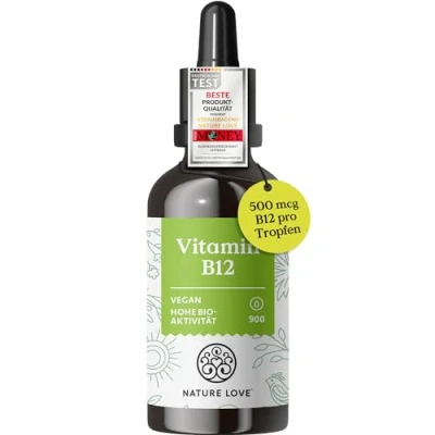 Obrázek NATURE LOVE® Kapky vitaminu B12 Vegan (900 kapek, 50 ml tekuté). duo aktivní: methyl a adenosylkobalamin. Vysoce biologicky dostupné, laboratorně testováno, bez přísad, vyrobeno v Německu
