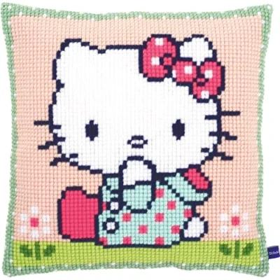 Obrázek Vervaco Wiese polštář pro vyšívání křížkovým stehem předtištěný, bavlna, Hello Kitty: On The Lawn, 40 x cm