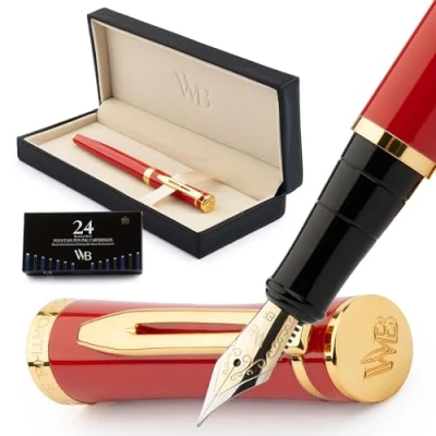 Obrázek Wordsworth &amp; Black Sada plnicích per, 18K Gilded Extra Fine Nib, vč. balení 24 ks inkoustových bombiček, konvertor inkoustu a dárkové krabičky, Gold Finish, kaligrafie, [Crimson Red], perfektní pro