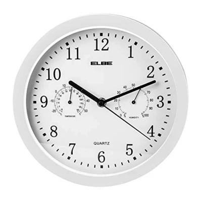 Obrázek Elbe RP 2005 B Wanduhr mit Thermometer und Hygrometer, misst Temperatur Luftfeuchtigkeit, 25 cm Durchmesser, weißes Panel, weißer Rahmen, batteriebetrieben, weiß