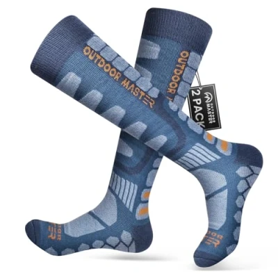 Obrázek OutdoorMaster 2 páry kompresních lyžařských ponožek z merino vlny pro dámy a pány, OTC design/protiskluzové manžety, prodyšné zimní termo ponožky snowboarding