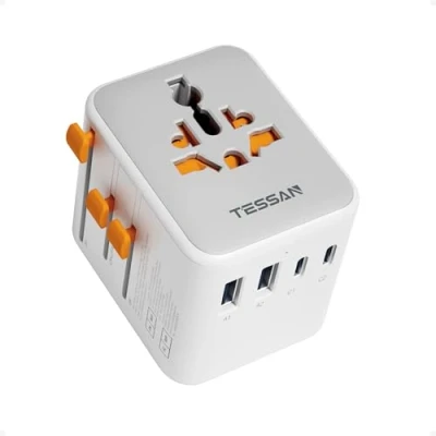 Obrázek TESSAN cestovní adaptér po celém světě s USB C, zástrčka se 4 USB, zásuvkový Anglie 2500 W, univerzální pro Britské USA, Itálie, Thajsko