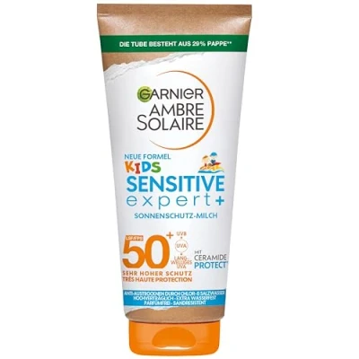 Obrázek Garnier Mléko na ochranu proti slunci s LSF 50+ pro děti, opalovací krém velmi vysokou ochranou slunci, vysychání pokožky, Ambre Solaire Kids Sensitive expert+, 1 x 175 ml
