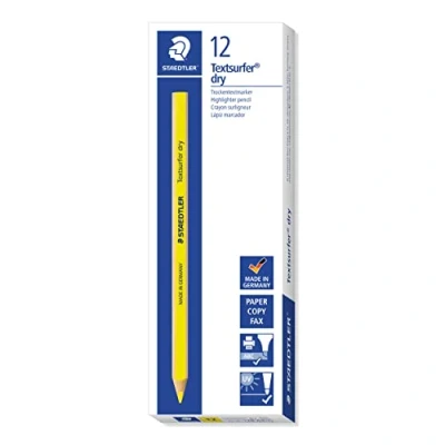Obrázek STAEDTLER suchý zvýrazňovač pastelka, neonově žlutá, ergonomický trojhranný tvar, ideální pro tenký papír, 12 suchých zvýrazňovačů v kartonovém pouzdře, 128 64 1