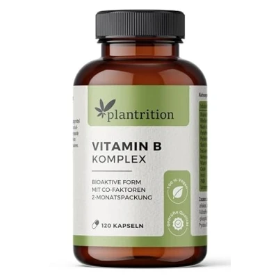 Obrázek plantrition Komplex vitamínu B s vysokou dávkou veganů všech osm vitamínů bioaktivní Quatrefolic kofaktory B1, B2, B3, B5, B6, B12, D biotin a kyselina listová 120 kapslí