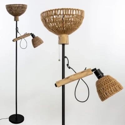 Obrázek Osasy stojací lampa 2 stínidlo obývací pokoj, Boho ratan v industriálním designu s kovem a dřevem, vypínač, výška: 163 cm, bez žárovek