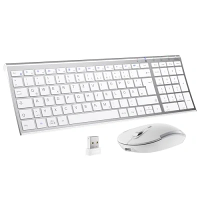 Obrázek iClever Sada bezdrátové klávesnice a myši, dobíjecí bezdrátová myš, rozložení qwertz (německy), ultra tenké pro počítače/desktop/PC/laptop/Windows 10/8/7, bílá stříbrná
