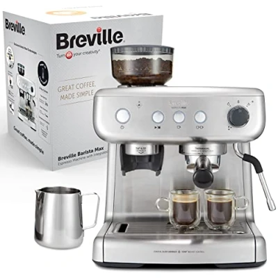 Obrázek Breville Pákový espresovač Barista Max kávovar na espreso/kávovar s integrovaným mlýnkem a napěňovačem mléka 2,8l nádoba vodu italská pumpa 15 bary ušlechtilá ocel [VCF126X]