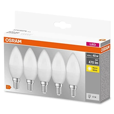 Obrázek OSRAM LED BASE Classic B40, matné vlákno žárovky ze skla pro patici E14, tvar svíčky, teplá bílá (2700 K), 470 lumenů, náhrada za běžné 40W žárovky, 5 kusů (balení 1 ks)