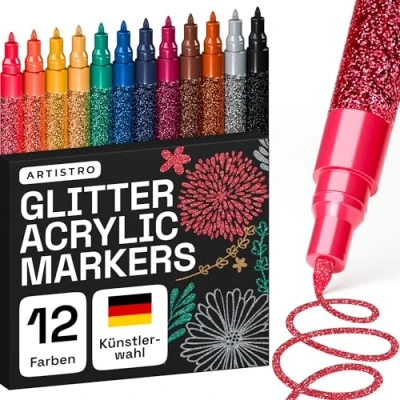 Obrázek Artistro 12 třpytivých fixů kreslicí sada, tužky pro malování kamenů, skalní malba, keramika, sklo, dřevo, látka, scrapbooking, DIY projekty, sada akrylových tužek s extra jemným hrotem 0,7