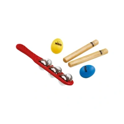 Obrázek Nino Percussion Sada NINOSET2 (5dílná) pro mateřské školky, jesličky, školy/hudební terapii vč. Jingle Stick, Wooden Claves, Egg Shaker