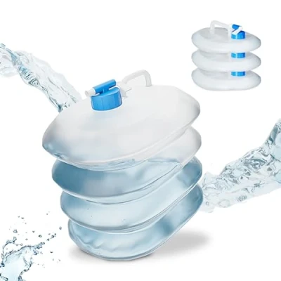 Obrázek Relaxdays skládací kanystr na vodu, 4dílná sada, 5 l, s kohoutkem a držadlem, bez BPA, transparentní/modrý