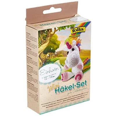 Obrázek folia 23910 Mini háčkovací sada jednorožec, kompletní k vytvoření roztomilého jednorožce, cca 1214 cm velká, pro děti od 8 let a dospělé, jako dárek
