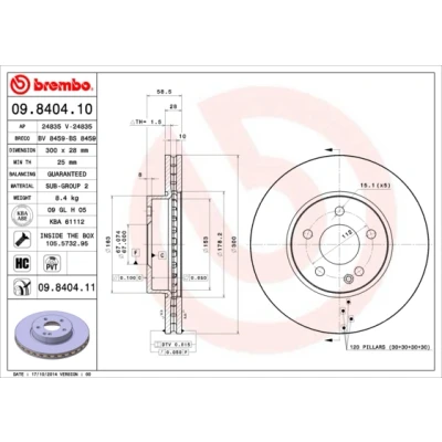 Obrázek Brembo 09.8404.11 UV beschichteter Säulenbelüfteter Vorderbremsrotor Mercedes Benz/Mercedes Benz (FJDA) OE# A6394210012