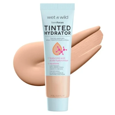 Obrázek Wet n Wild, Bare Focus Tinted Hydrator, tónovaný krém na obličej obohacený kyselinou hyaluronovou a veganským skvalanem pro zářivou pleť, lehká až střední krycí síla, polomatný povrch, světlá kůže